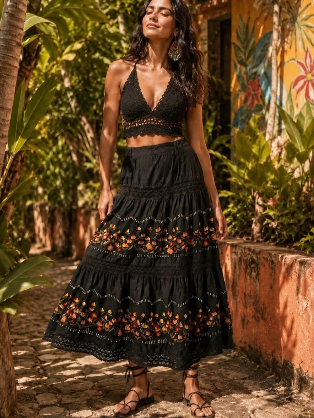 Femme Anthro Black Embroidered Floral Tiered Boho Maxi Skirt